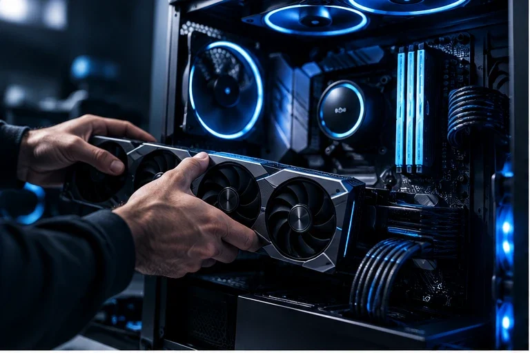 Técnico da NIT instalando a placa de vídeo durante a montagem de um computador