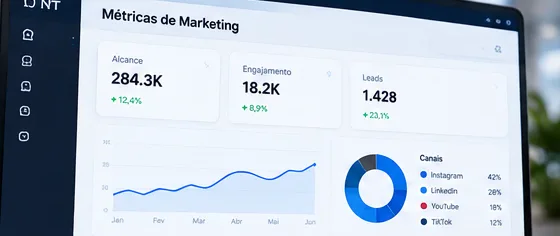 Painel de métricas de marketing: alcance, engajamento, leads e canais