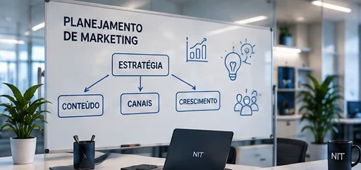 Quadro de planejamento de marketing: estratégia, conteúdo, canais e crescimento
